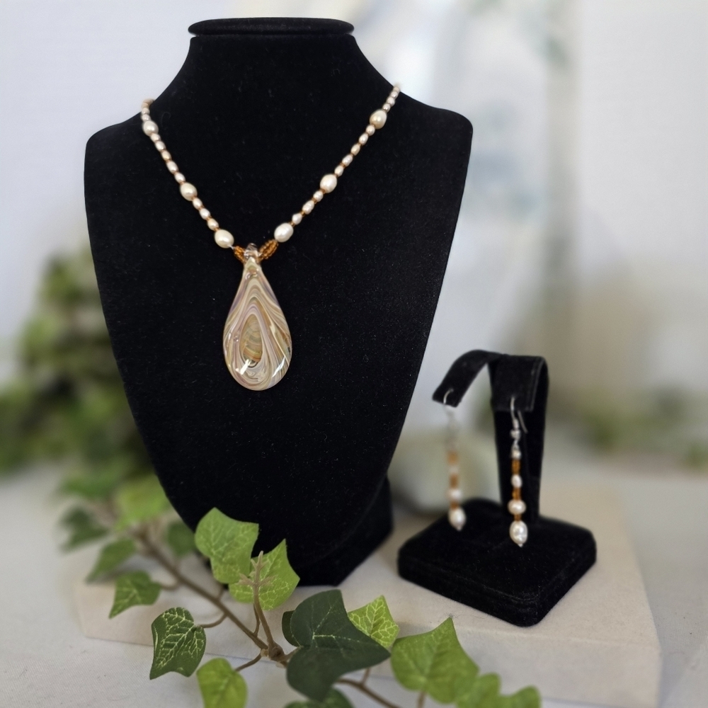 Artisan Murano Style Glass Teardrop Pendant Necklace Earrings Set Fresh Water Pe